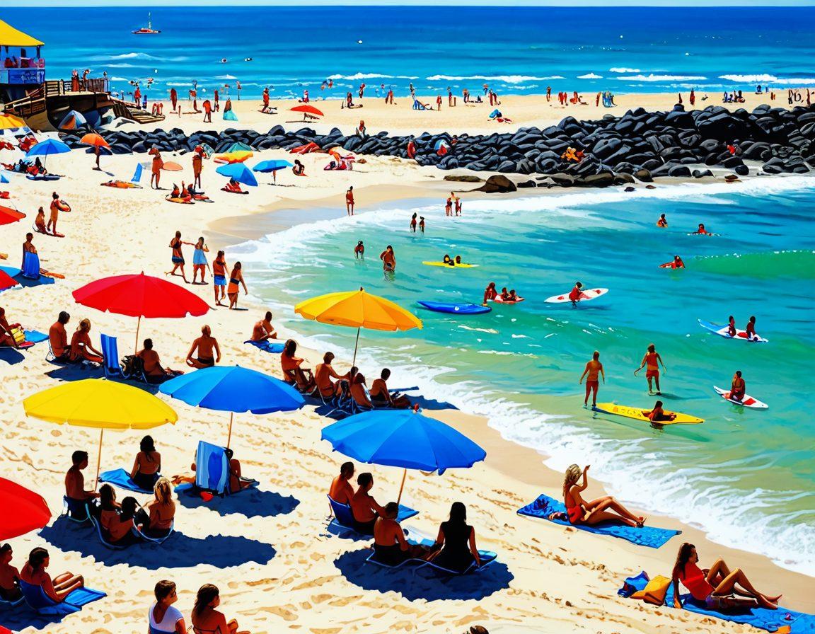 A lively beach scene showcasing diverse individuals enjoying various summer activities like volleyball, surfing, and sunbathing, all in vibrant swimwear. Include colorful umbrellas, bright towels, and beach accessories, with a clear blue sky and sparkling ocean waves. Capture the essence of summer fun and adventure. super-realistic. vibrant colors. high contrast.